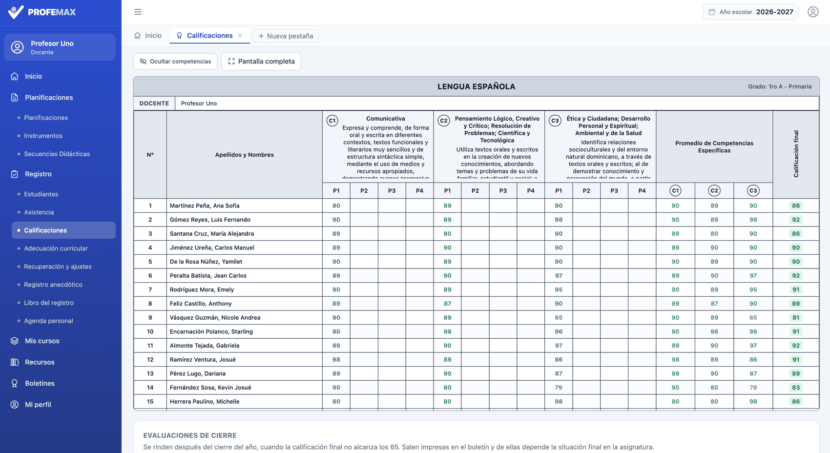 Registro de calificaciones por competencias