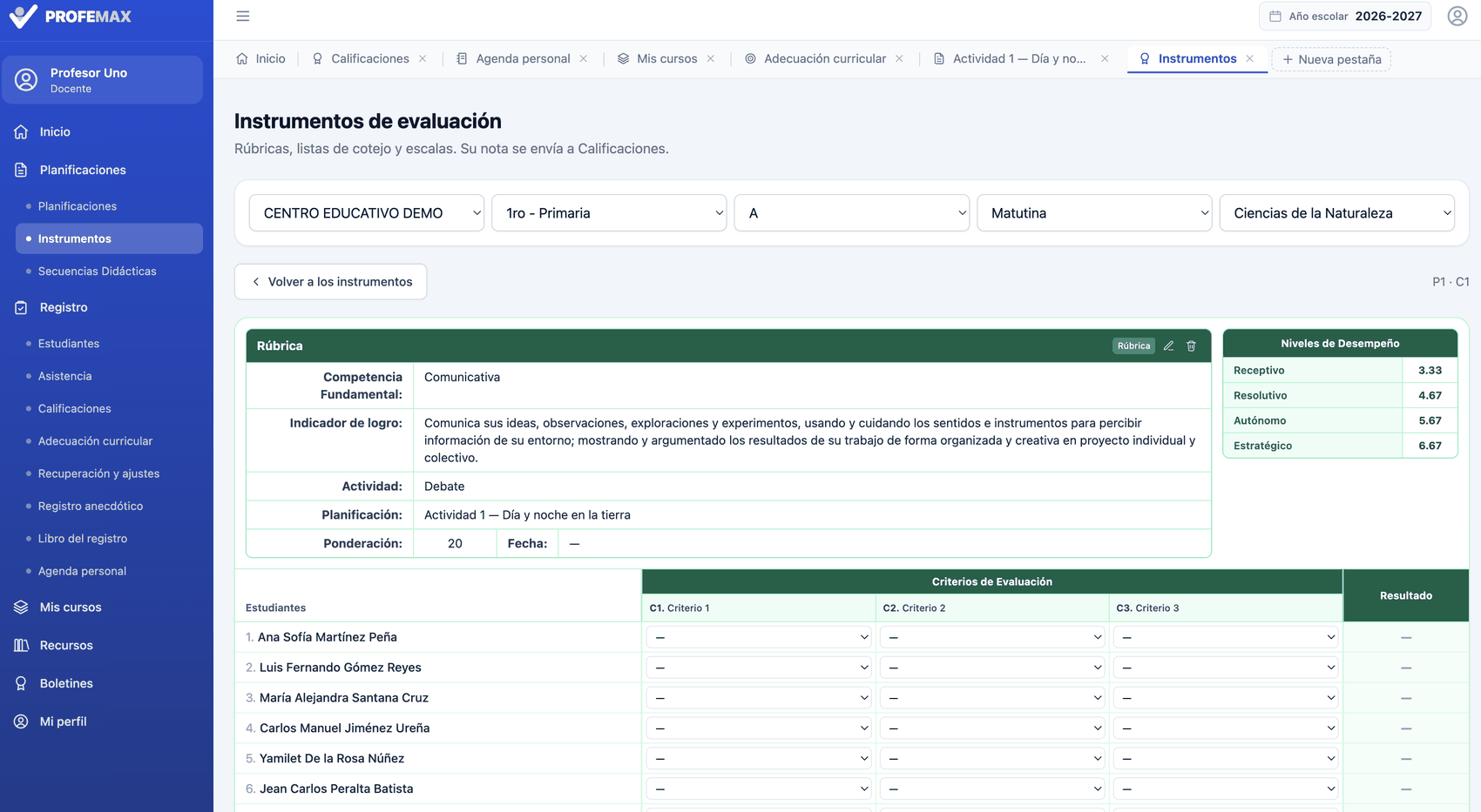 Rúbrica de evaluación con sus criterios y niveles