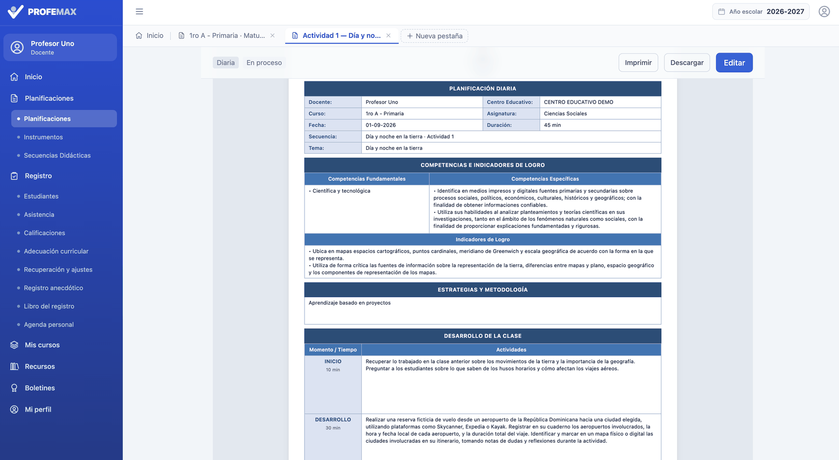 Planificación diaria en su formato imprimible
