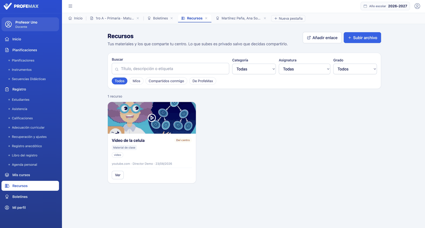 Estante de recursos del centro