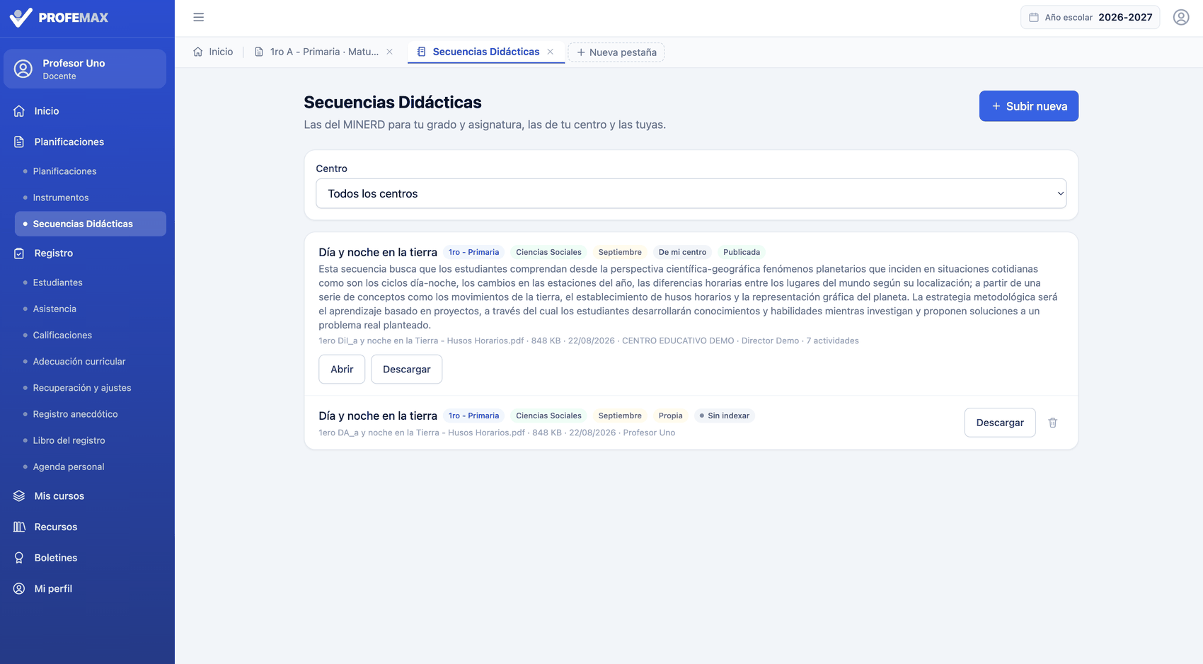 Detalle de una secuencia didáctica y sus actividades